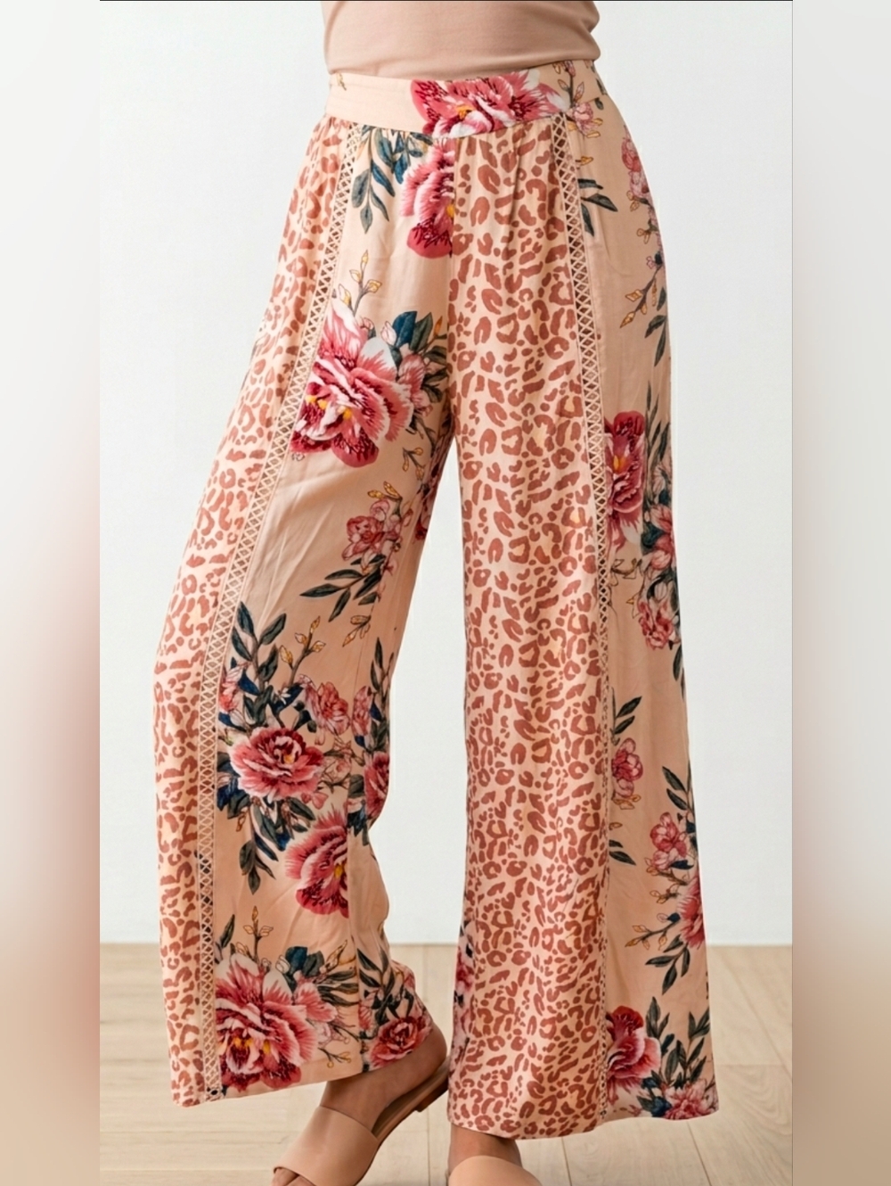 Z&L Europe Floral Leopard Mixed Print Wide Leg Palazzo Pants Boho Small